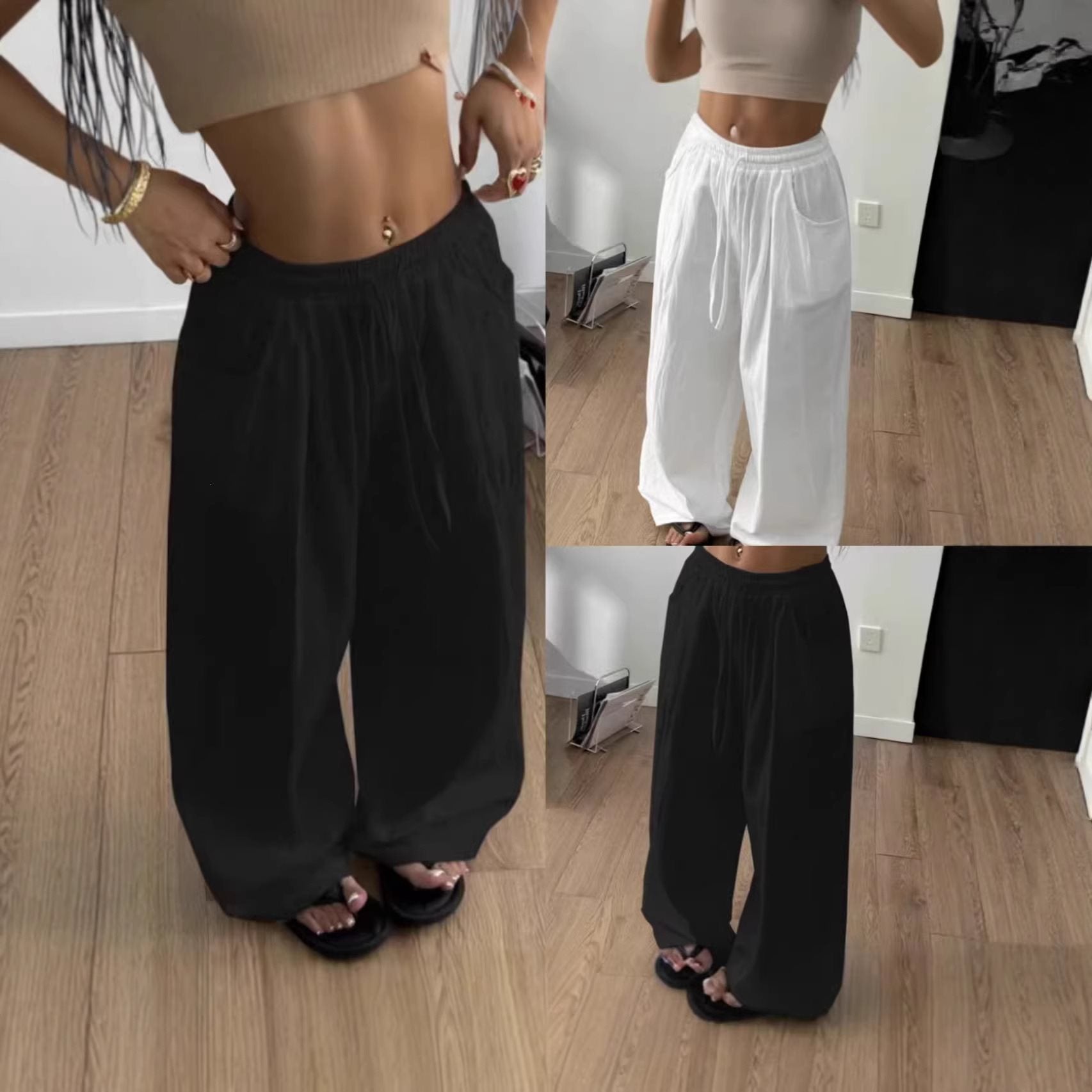 Women Wide Linen Blend Pants with High Elastic Waistband, Drawstring and Side Pockets Chichicherry