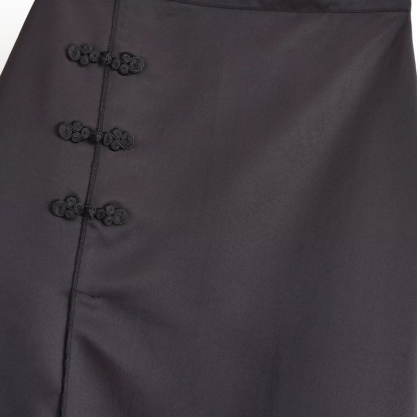 Women Satin Midi Skirt with High Waist, Side Slit and Decorative Frog Closures Chichicherry