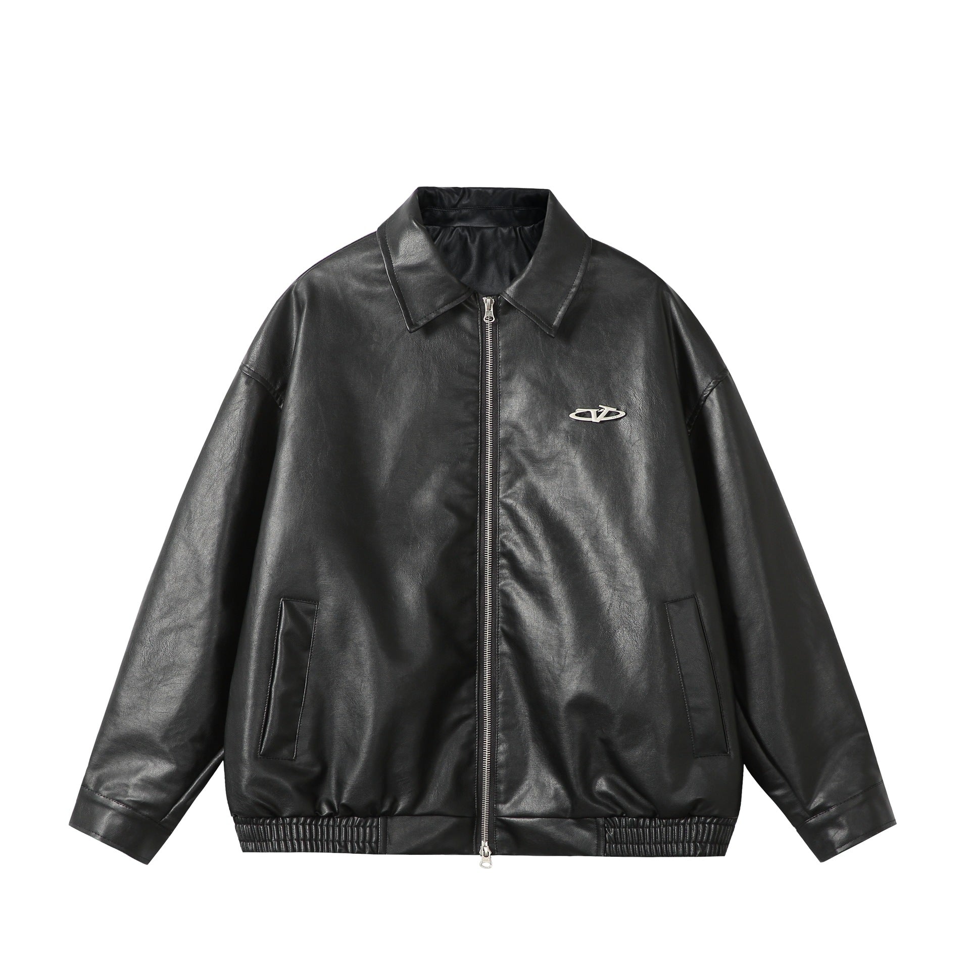 Ladies Oversize Smooth Leather Look Blouson Jacket with Elastic Hem and Metal Logo Chichicherry