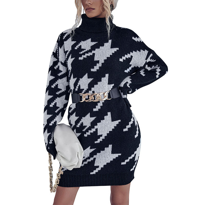 Ladies' knit mini dress with houndstooth jacquard, roll neck and waist-accentuating belt look Chichicherry