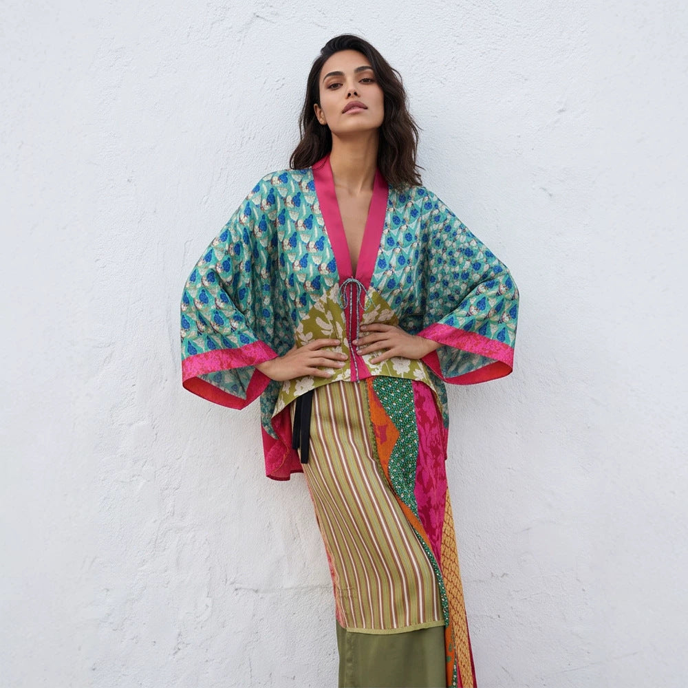 Women's Patchwork Kimono Top made of silk blend with deep V-neck and tie belt Chichicherry