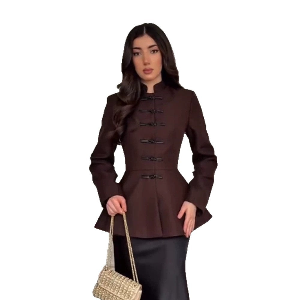 Women's Tailored Peplum Jacket with Stand Collar and Decorative Toggle Fasteners Chichicherry