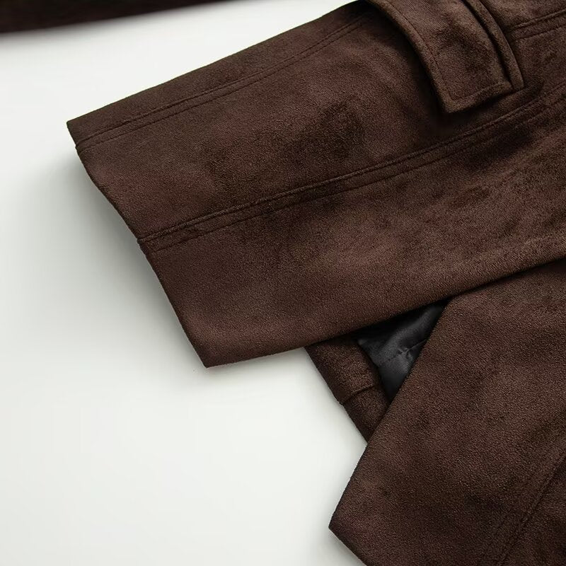 Women's Tailored Suede Blazer with Notched Collar and Flap Pockets Chichicherry