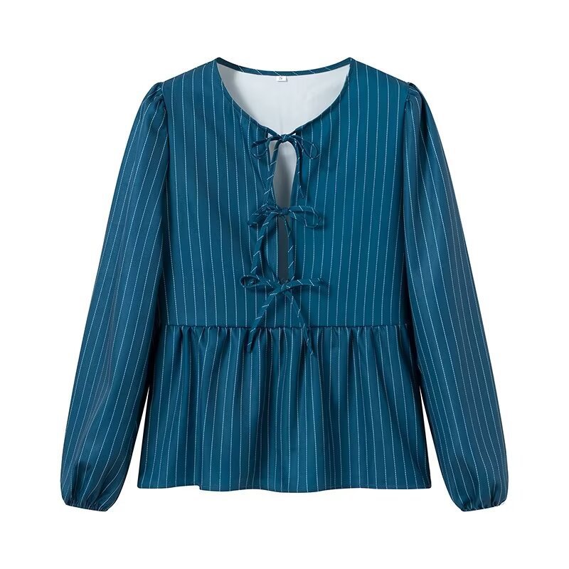 Women's Striped Peplum Blouse with Front Lacing and Long Balloon Sleeves Chichicherry