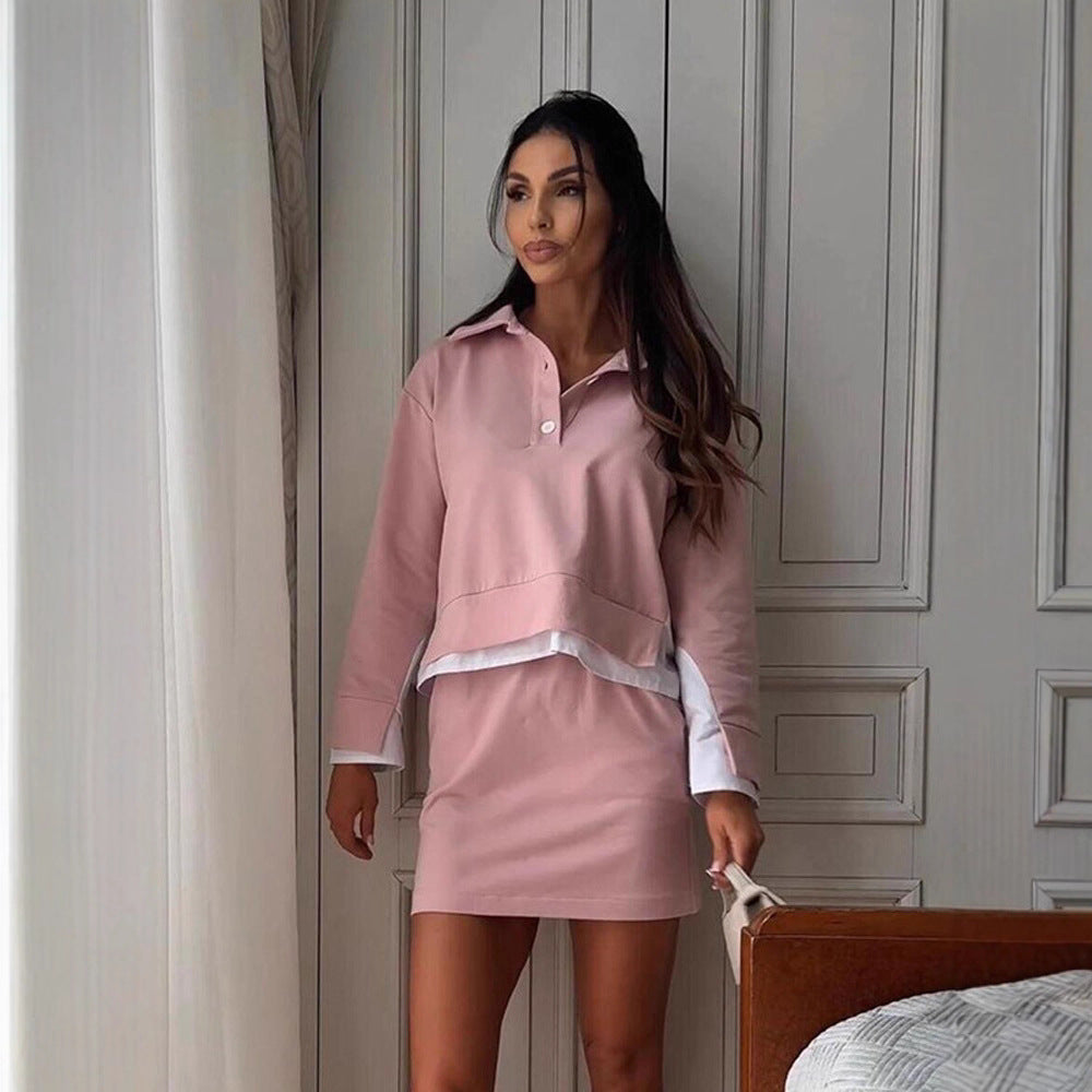 Women's Casual Two-Piece Sweatset with Shirt Collar, Cropped Pullover and High-Waist Bike Shorts Chichicherry