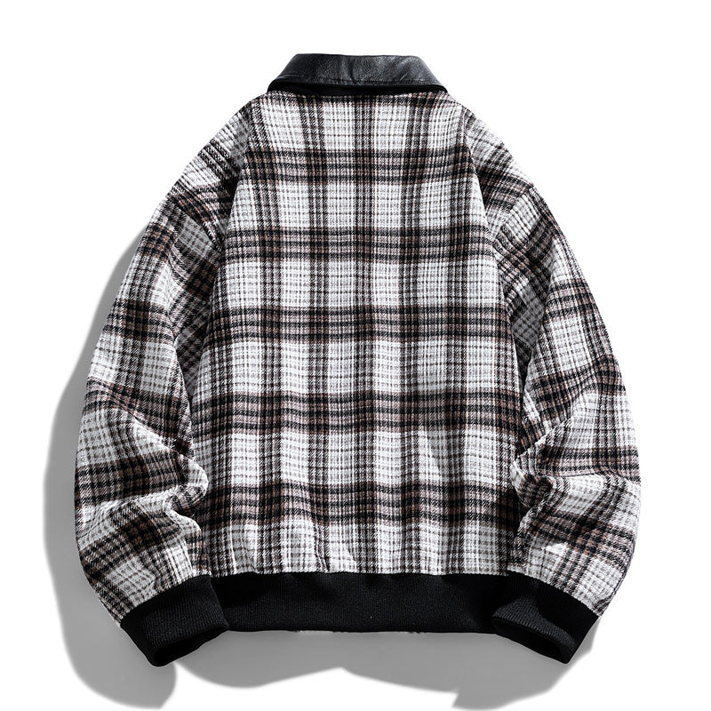 Men's Checkered Overshirt Jacket with Contrasting Faux Leather Collar and Ribbed Cuffs Chichicherry