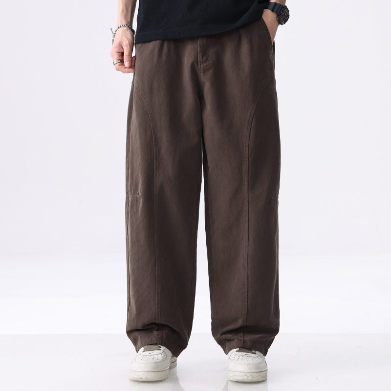 Men's Loose-Fitting Utility Pants with Wide Legs, Distinctive Decorative Stitching, and Elastic Waistband Chichicherry