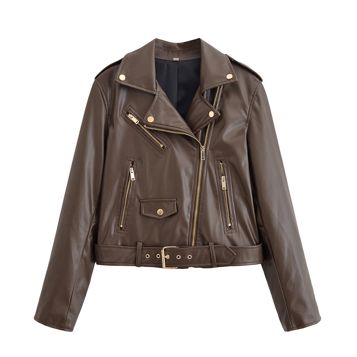 Women's biker jacket made of faux leather with asymmetrical zipper, waist belt, and gold-colored details Chichicherry