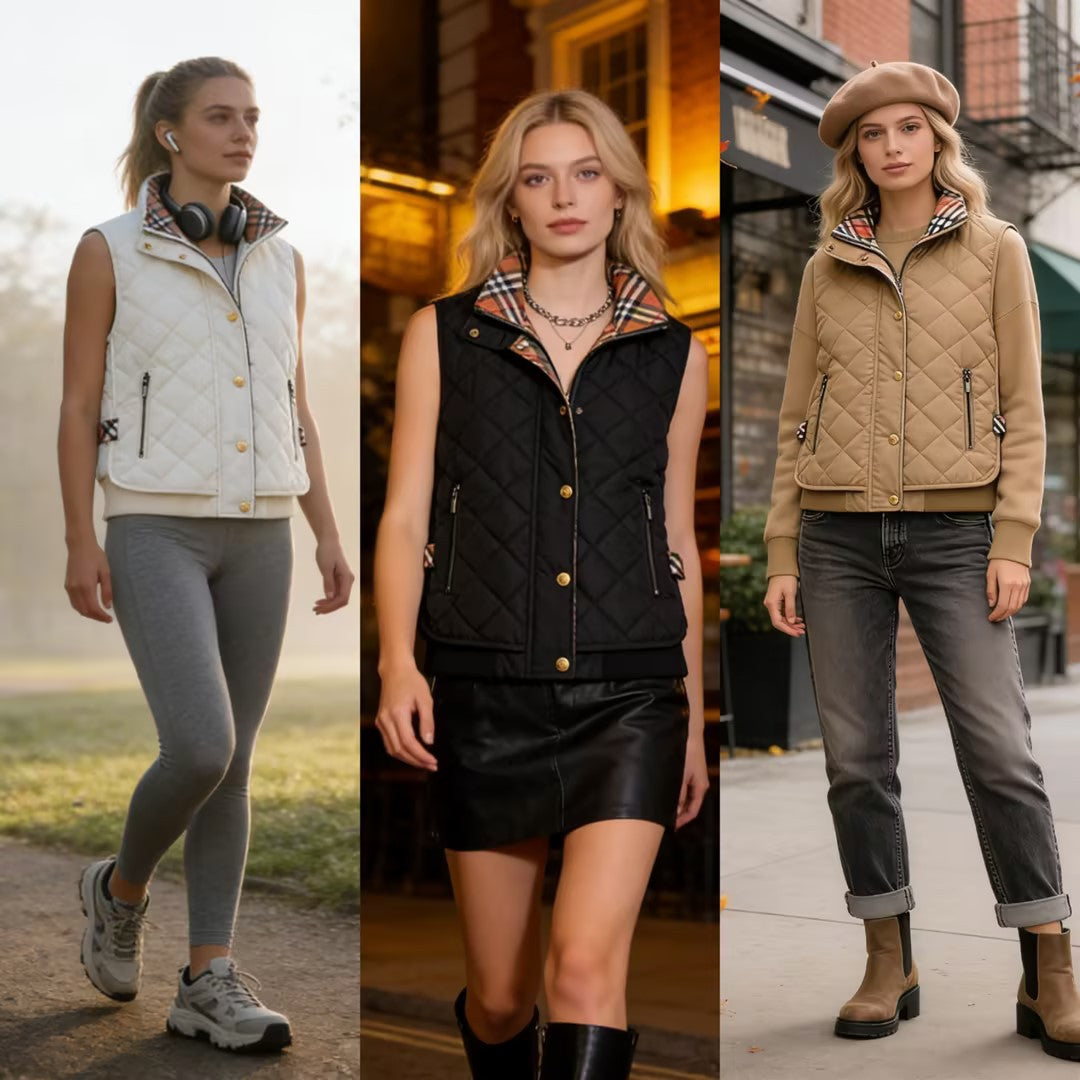Women's quilted vest with stand-up collar, zippered pockets, and checked lining Chichicherry