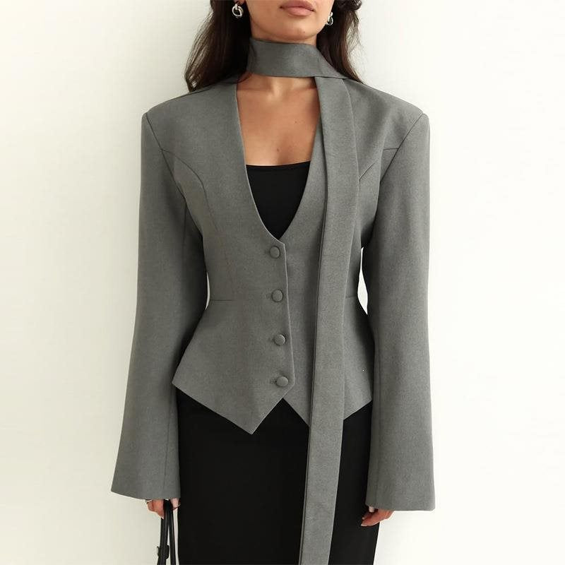 Women Tailored Blazer with Tie Scarf and Fitted Vest Chichicherry