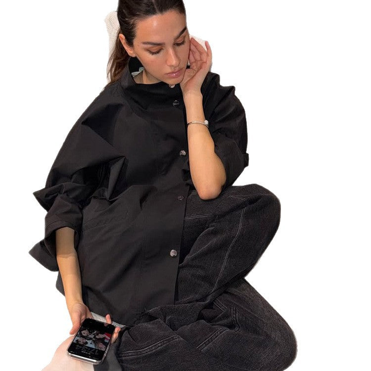 Women's oversized shirt jacket with stand collar, boxy silhouette and snap button placket Chichicherry