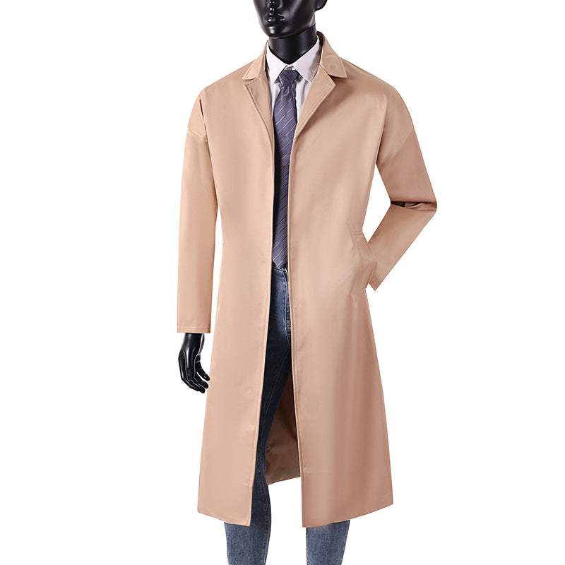 Men's Long Minimalist Trench Coat with Concealed Button Placket and Side Pockets Chichicherry