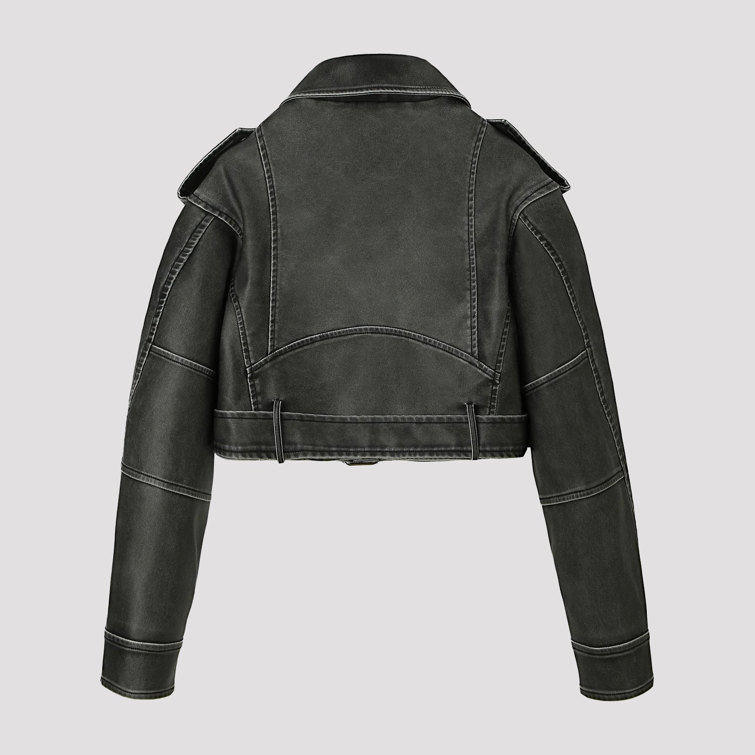 Women's Short Cut Vintage-Inspired Cropped Biker Jacket made of Vegan Leather with Waist Belt and Epaulettes Chichicherry