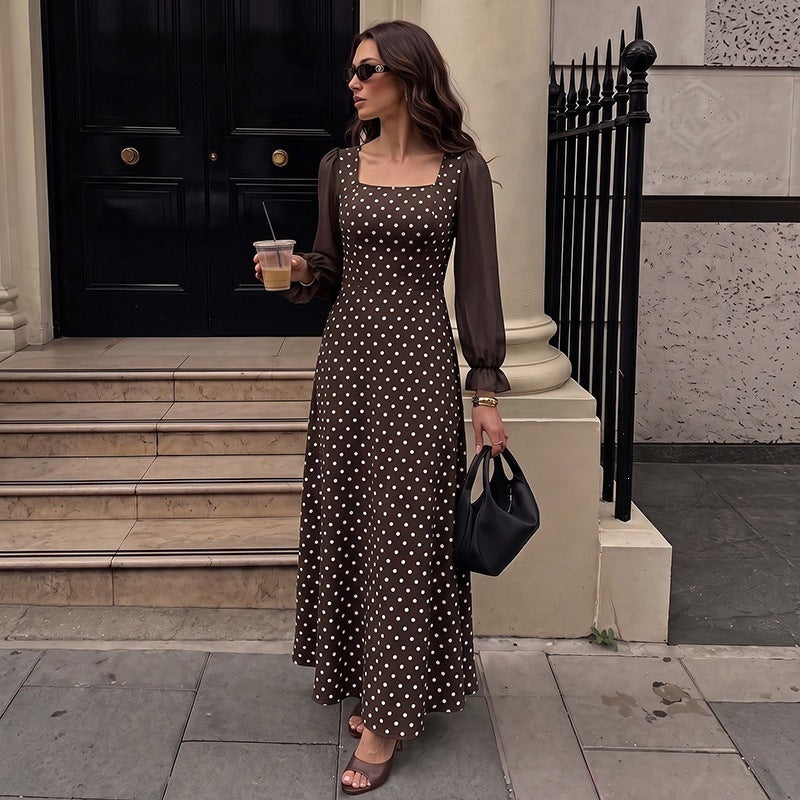Women's retro-inspired polka dot maxi dress with square neckline and sheer pleated sleeves Chichicherry