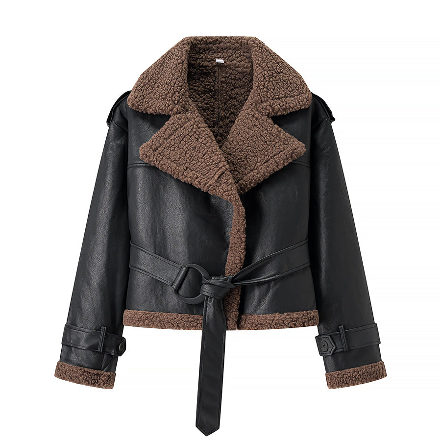 Women Short Flight Jacket Made of Faux Leather with Teddy Fur Collar and Waist Belt Chichicherry