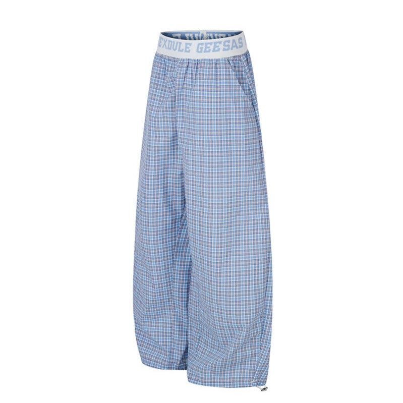 Women's Wide Checkered Lounge Pants with Elastic Logo Waistband and Drawstring Hem Chichicherry