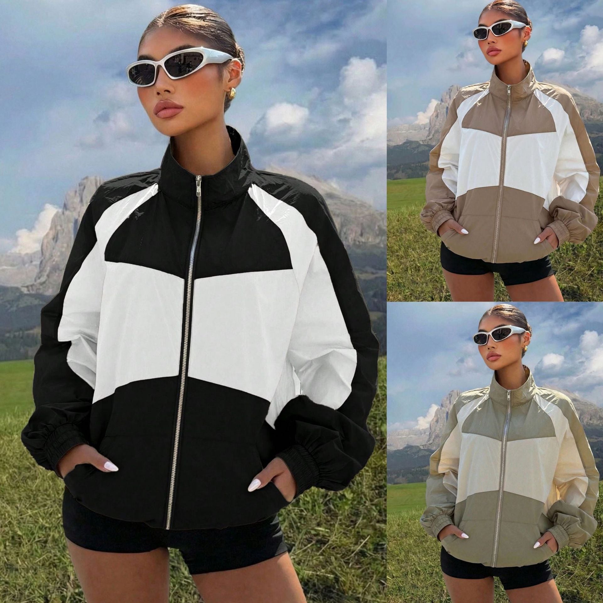 Women Lightweight Colorblock Windbreaker with Stand-Up Collar and Zip Closure
