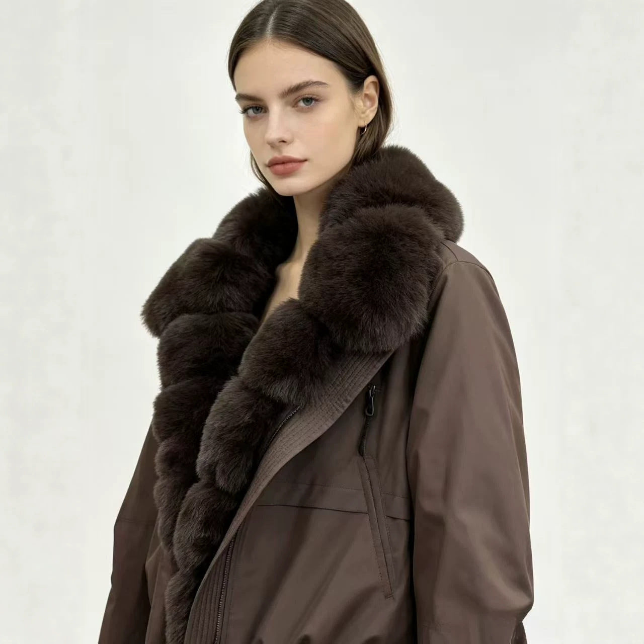 Women's tailored parka bomber jacket with voluminous faux fur collar and windproof outer shell Chichicherry