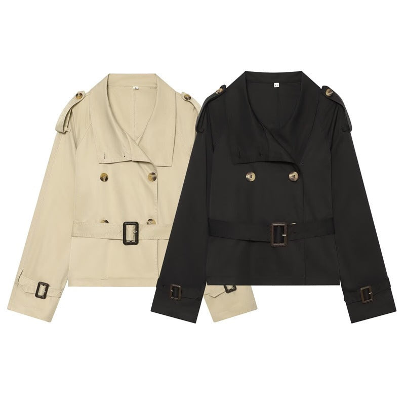 Women Short Boxy Trench with Double Breasted, Waist Belt and Shoulder Tabs Chichicherry