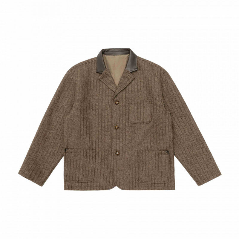 Men's wool blend worker blazer with contrasting leather collar and patch pockets Chichicherry