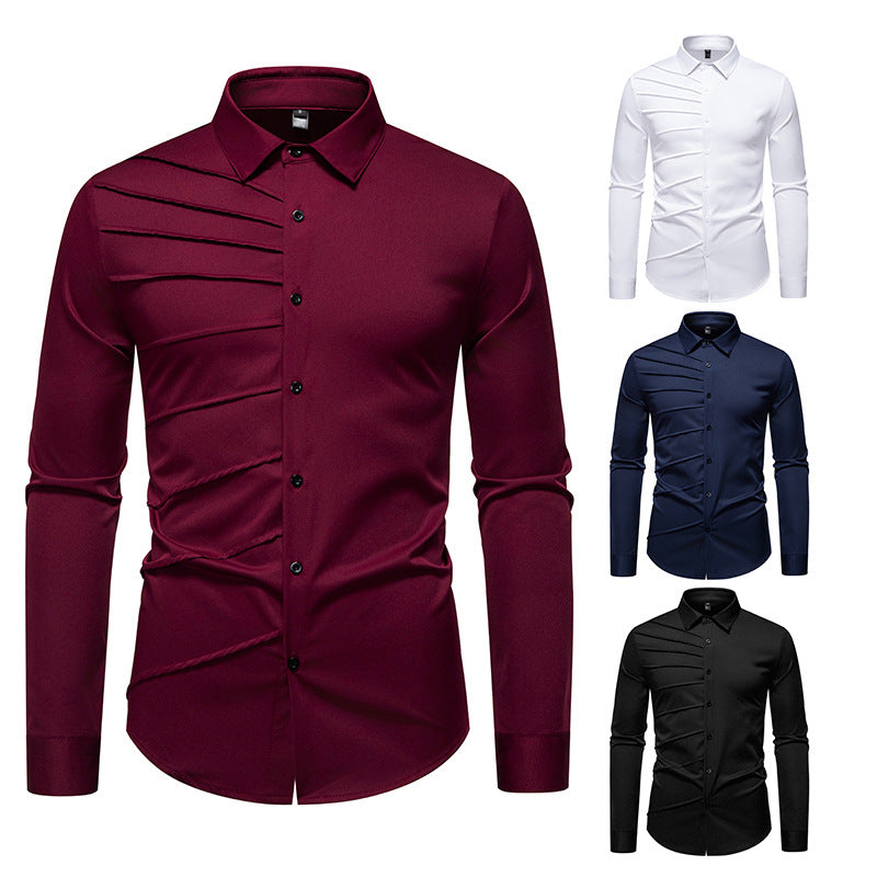 Men's Tailored Business Shirt with Diagonal Pleat Design Chichicherry