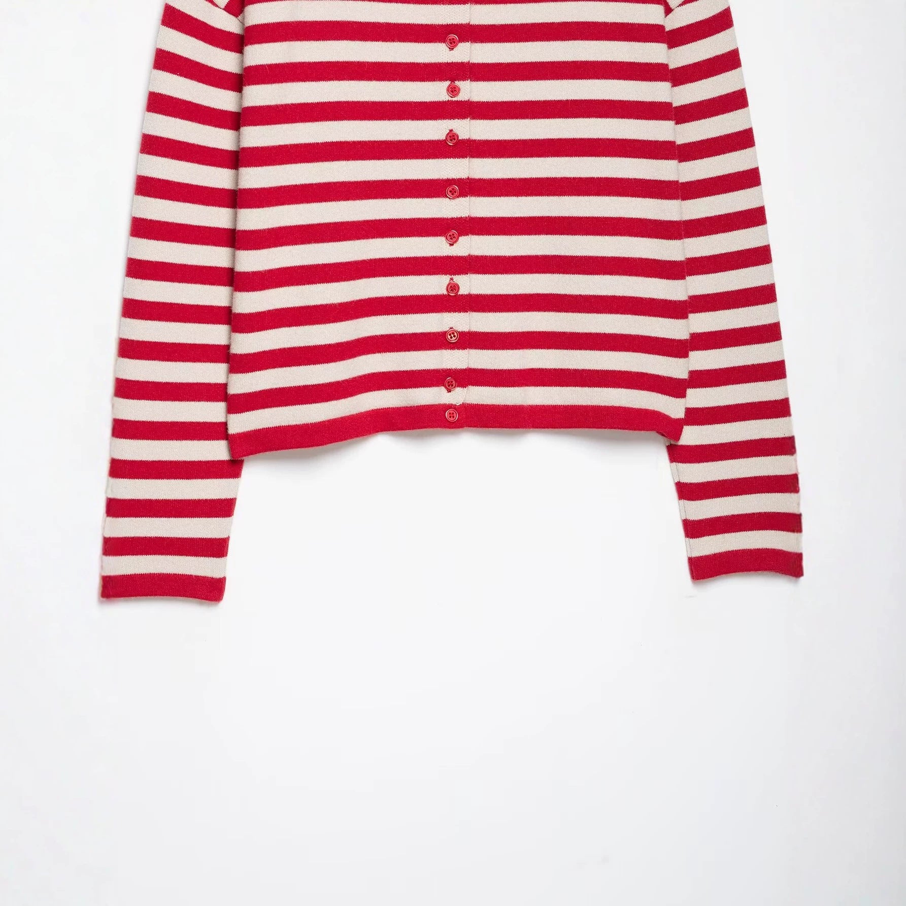 Women Striped Cropped Knitted Cardigan with Stand-up Collar Chichicherry