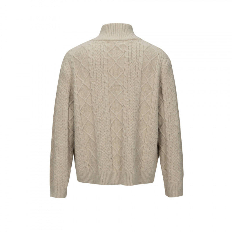 Men's Cable Knit Cardigan with Full Zip and High Ribbed Collar Chichicherry