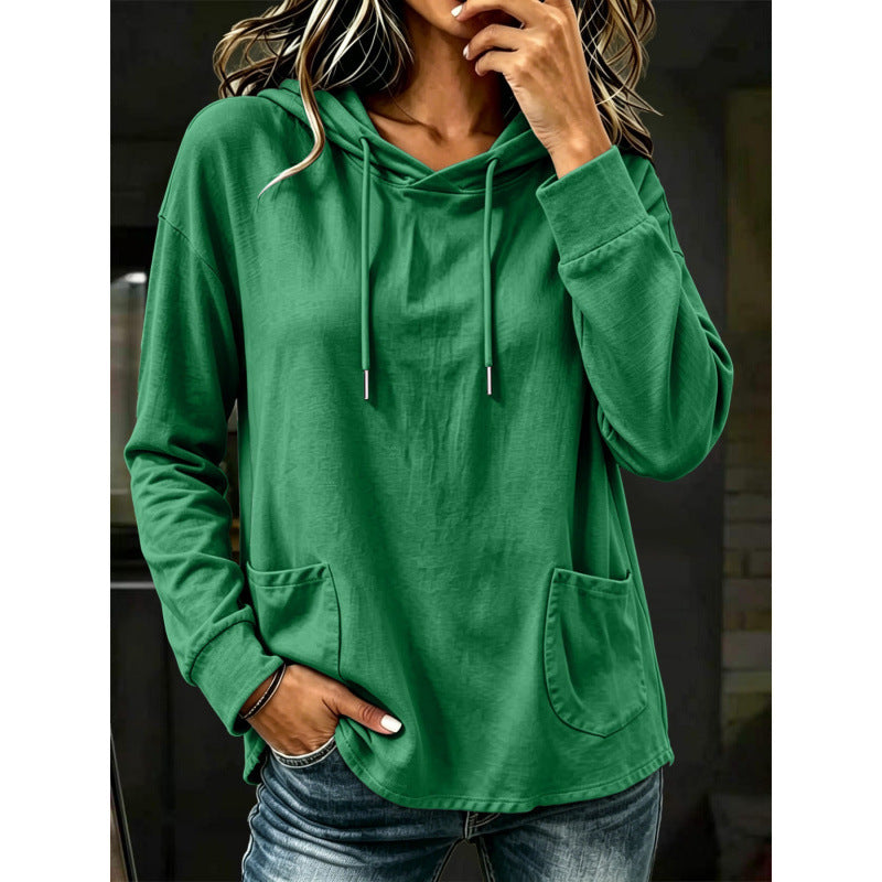 Women's Loose Hoodie with Patch Front Pockets and Extended Back Hem Chichicherry