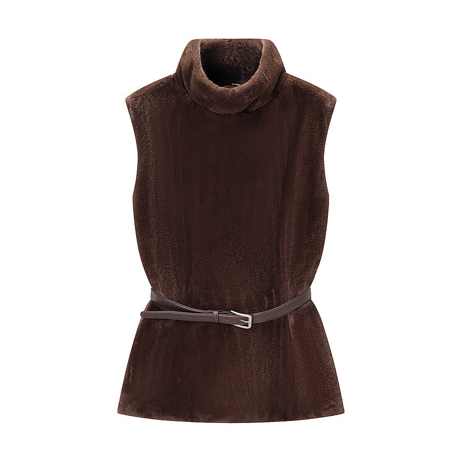 Women's Sleeveless Faux Fur Vest with Stand-Up Collar and Waistbelt Chichicherry