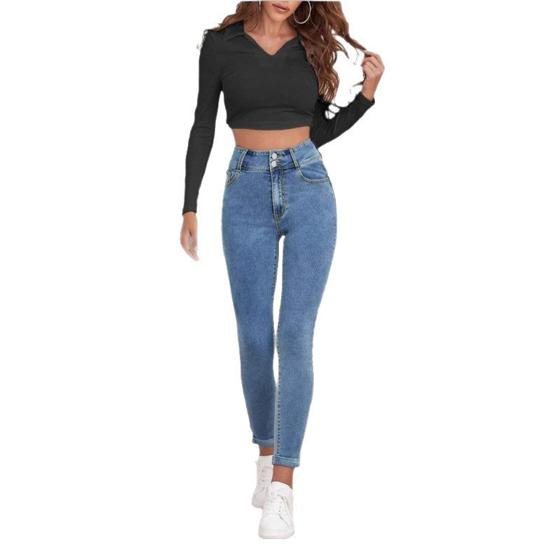 Women High-Waisted Sculpting Skinny Jeans with Double Button and Cuff Detail Chichicherry