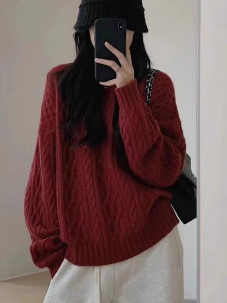 Women Oversize Cable Knit Sweater with Round Neck and Casual Shoulder Area Chichicherry