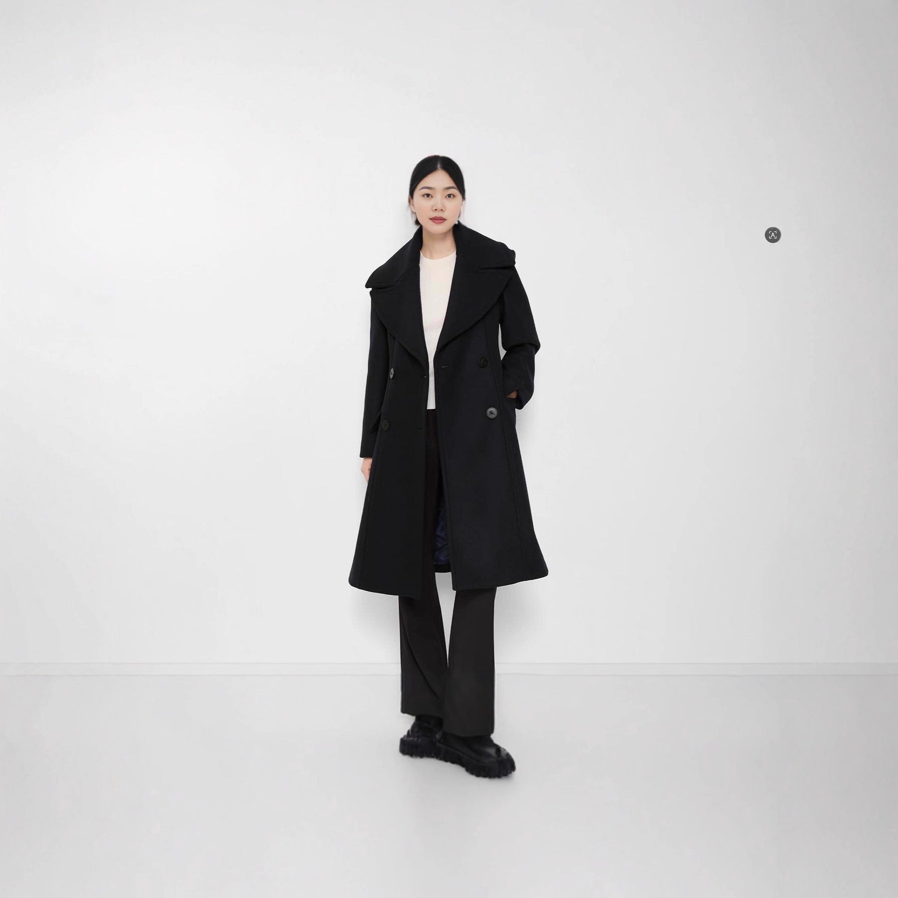 Women's Tailored Double-Breasted Wool Coat with Wide Shawl Collar and Flared Hem Chichicherry