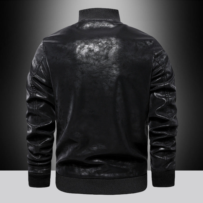 Men's Leather Look Bomber Jacket in Aviator Style with Patch Embroidery, Ribbed Cuffs, and Metal Zipper Chichicherry