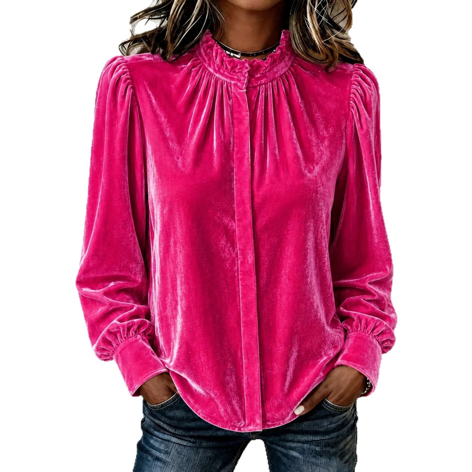 Ladies' velvet blouse with ruffled stand collar, concealed button placket, and gathered balloon sleeves Chichicherry