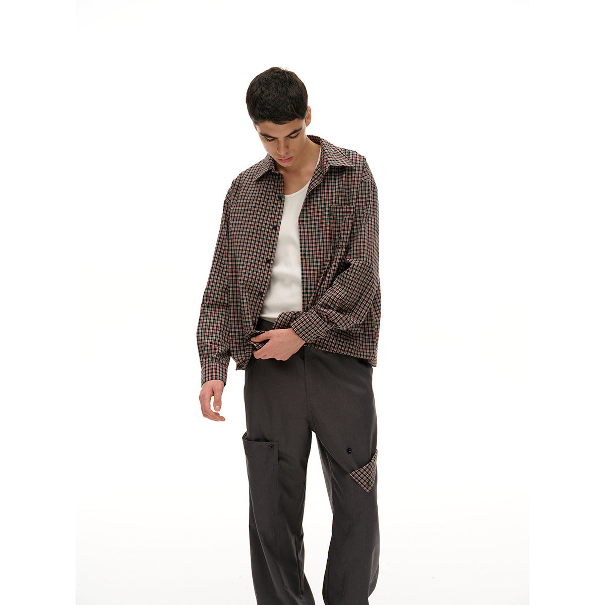 Unisex Straight Overshirt Jacket in Fine Check Pattern Chichicherry