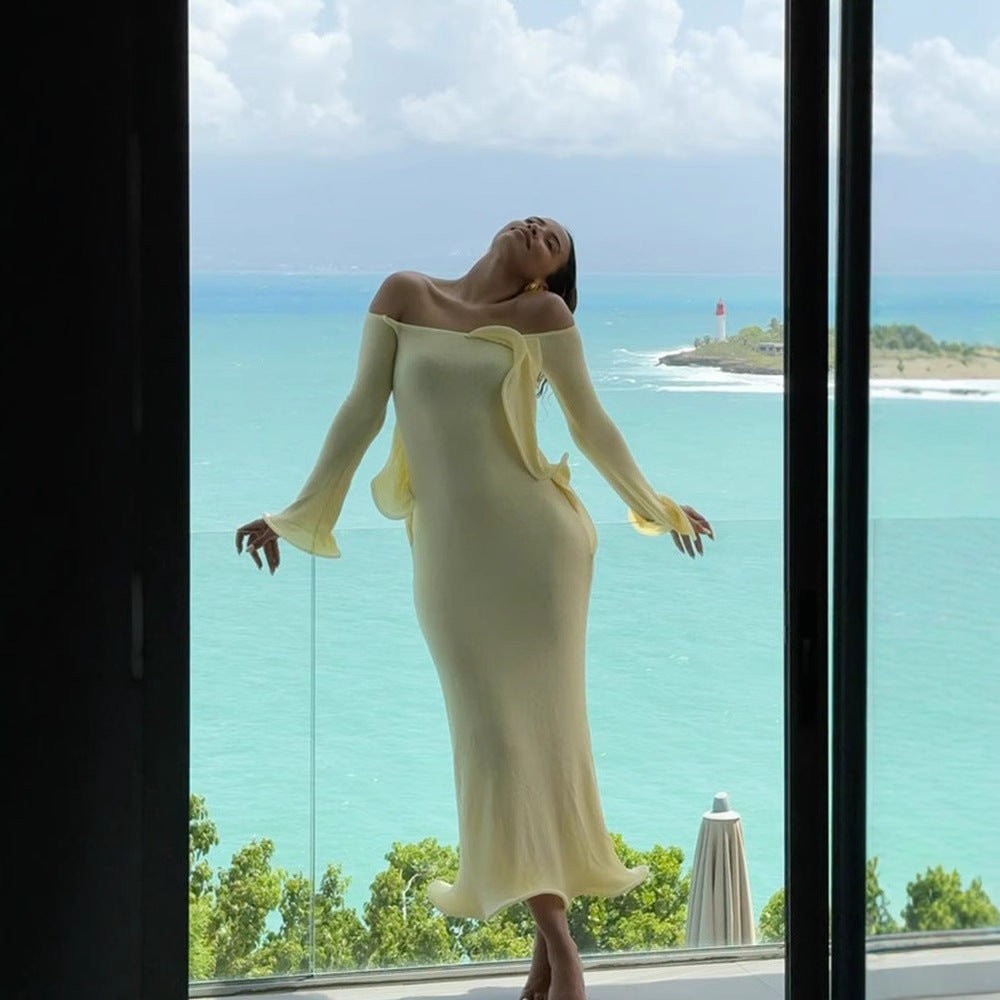 Women's Figure-Hugging Knit Maxi Dress with Off-the-Shoulder Neckline and Flared Sleeves Chichicherry