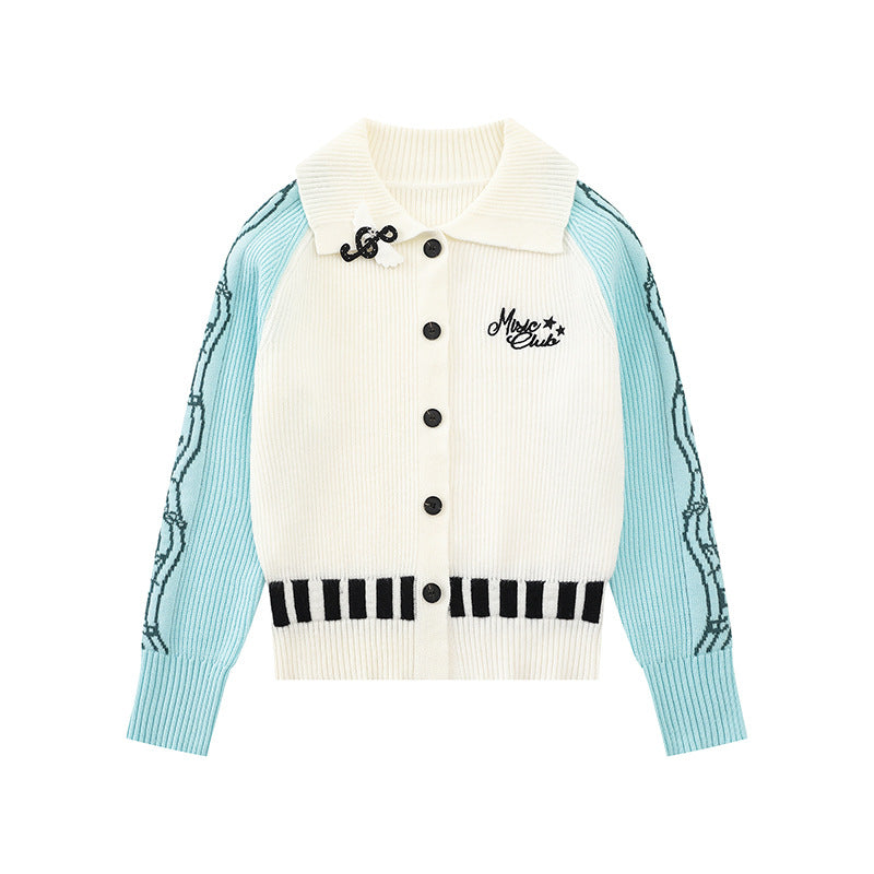 Women's cardigan with contrast sleeves, musical embroidery and polo collar Chichicherry