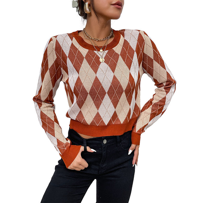 Women's Cropped Knit Sweater with Argyle Diamond Pattern and Fitted Ribbed Hem Chichicherry