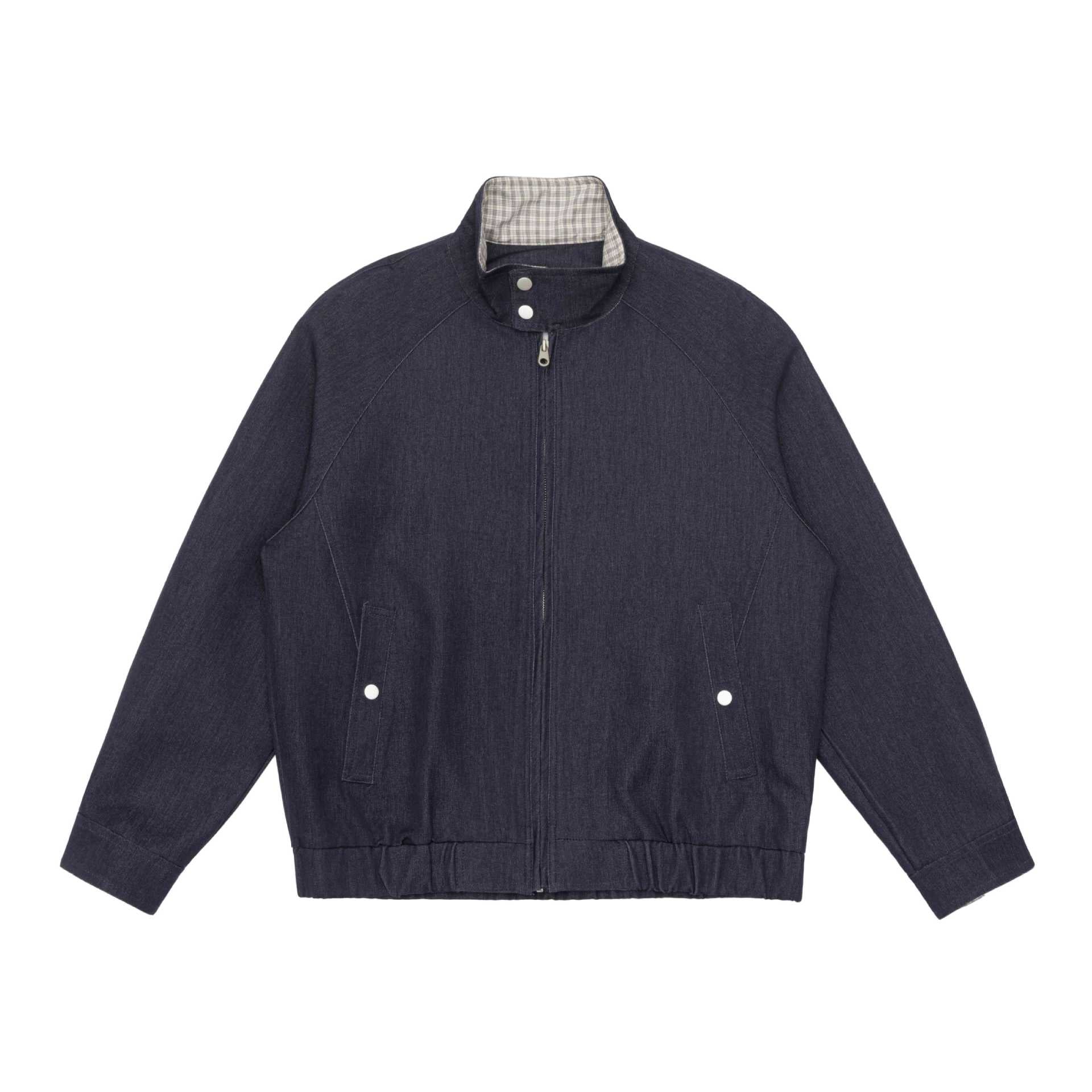 Unisex short jacket in denim mix with quilted division, stand-up collar and concealed zipper Chichicherry