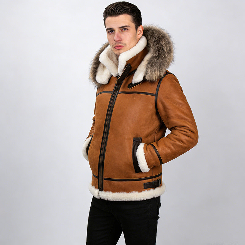 Men's shearling bomber jacket in aviator style with hood and contrasting leather trim Chichicherry
