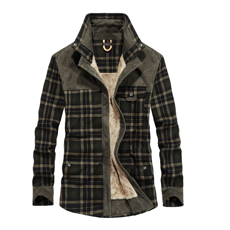 Men's Casual Flannel Field Shirt Jacket with Teddy Lining and Cord Trimming Chichicherry