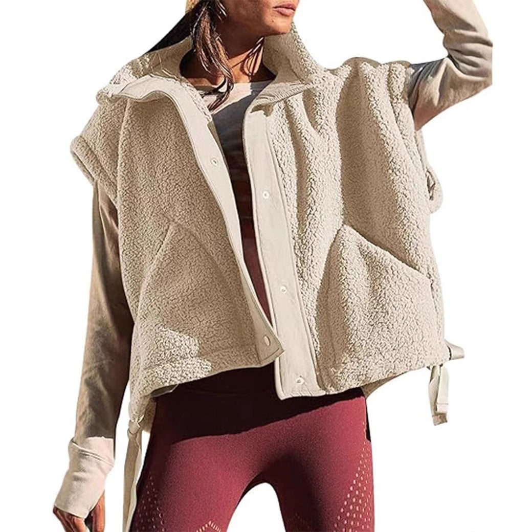 Women's Oversized Teddy Fleece Vest with Hood and Snap Buttons Chichicherry