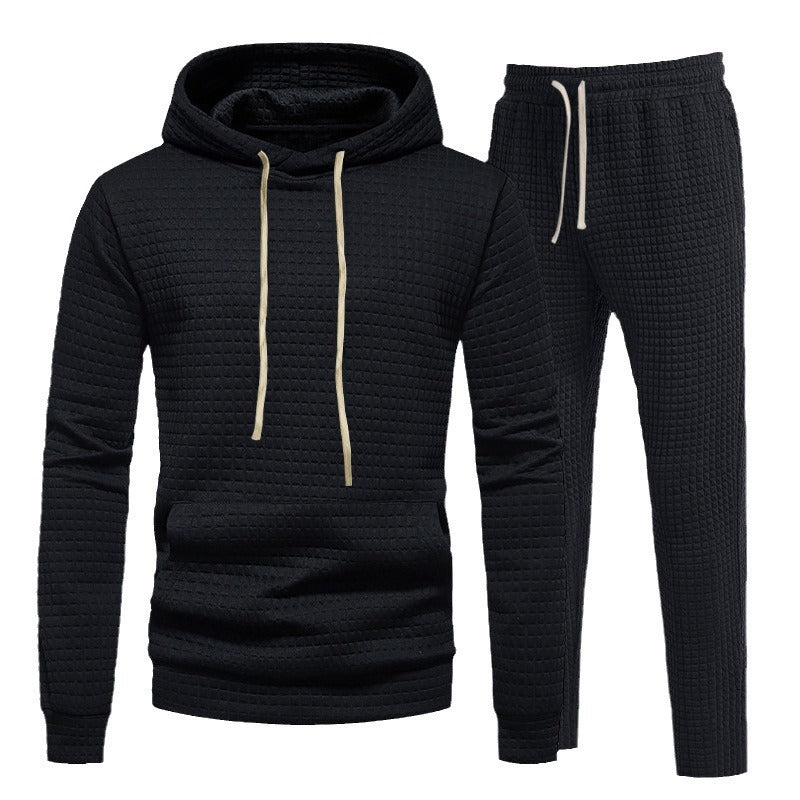 Men's Waffle Texture Leisure Set with Hoodie and Drawstring Joggers Chichicherry