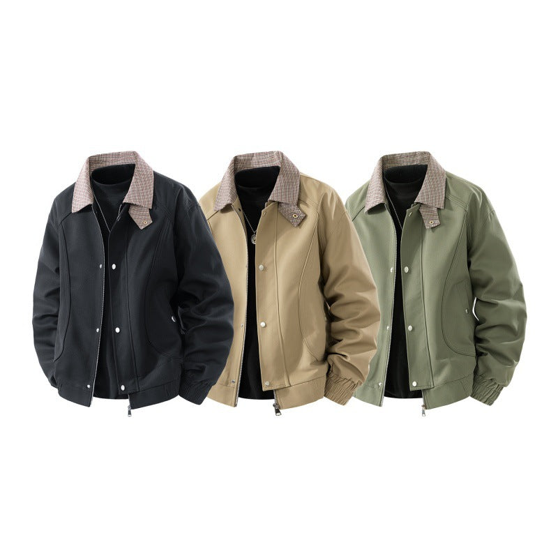 Men's Light Canvas Blouson with Check Collar, Zipper and Snap Button Placket Chichicherry