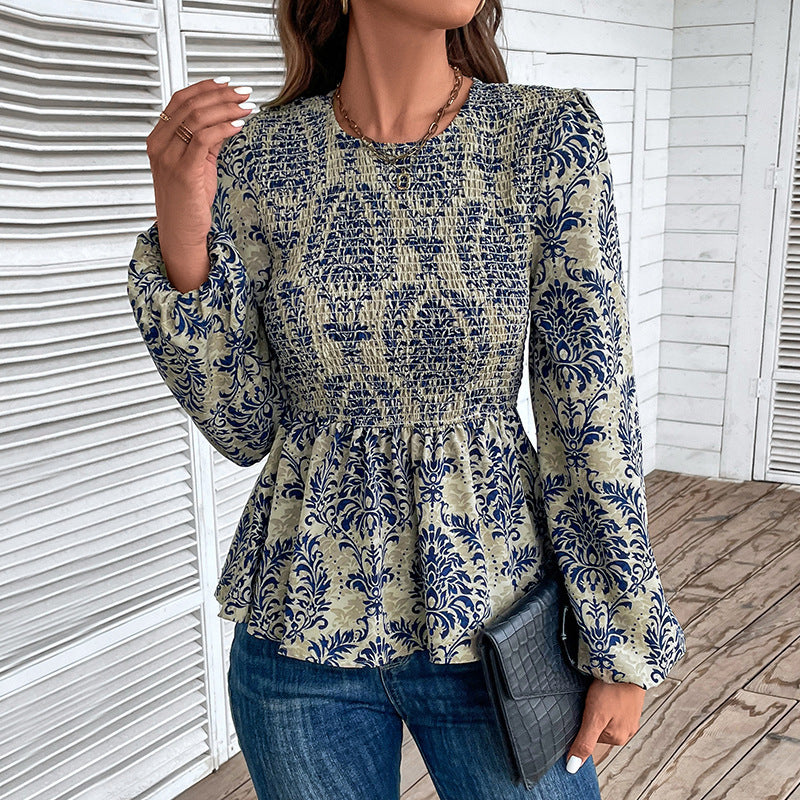 Women's smock blouse with gathering, balloon sleeves, and ornament print Chichicherry