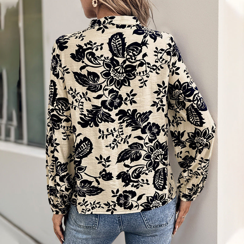 Women's Floral Viscose Blouse with Stand-up Collar, Pleats and Hidden Button Placket Chichicherry