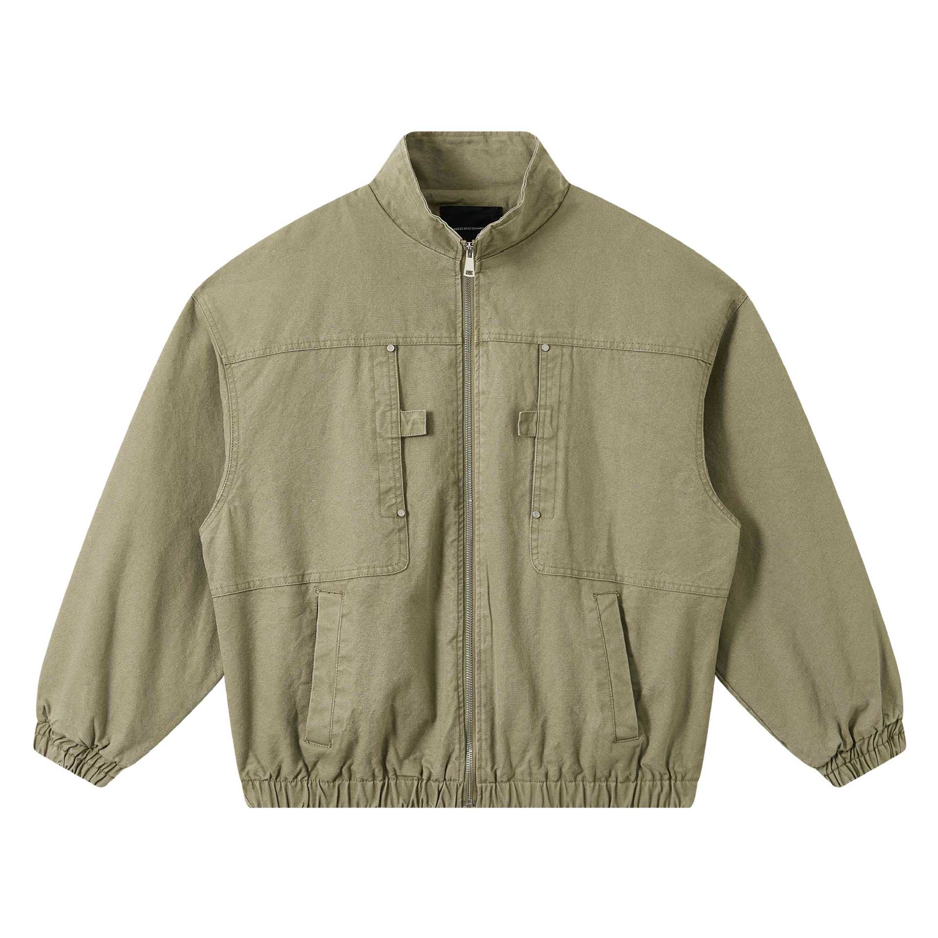 Unisex Short Canvas Field Jacket in Utility Look with High Stand Collar and Elastic Hem Chichicherry