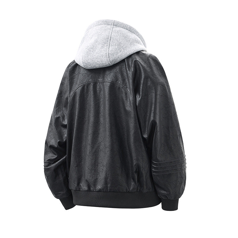 Unisex Wide Cut Faux Leather Bomber Jacket with Contrast Hood and Ribbed Cuffs Chichicherry