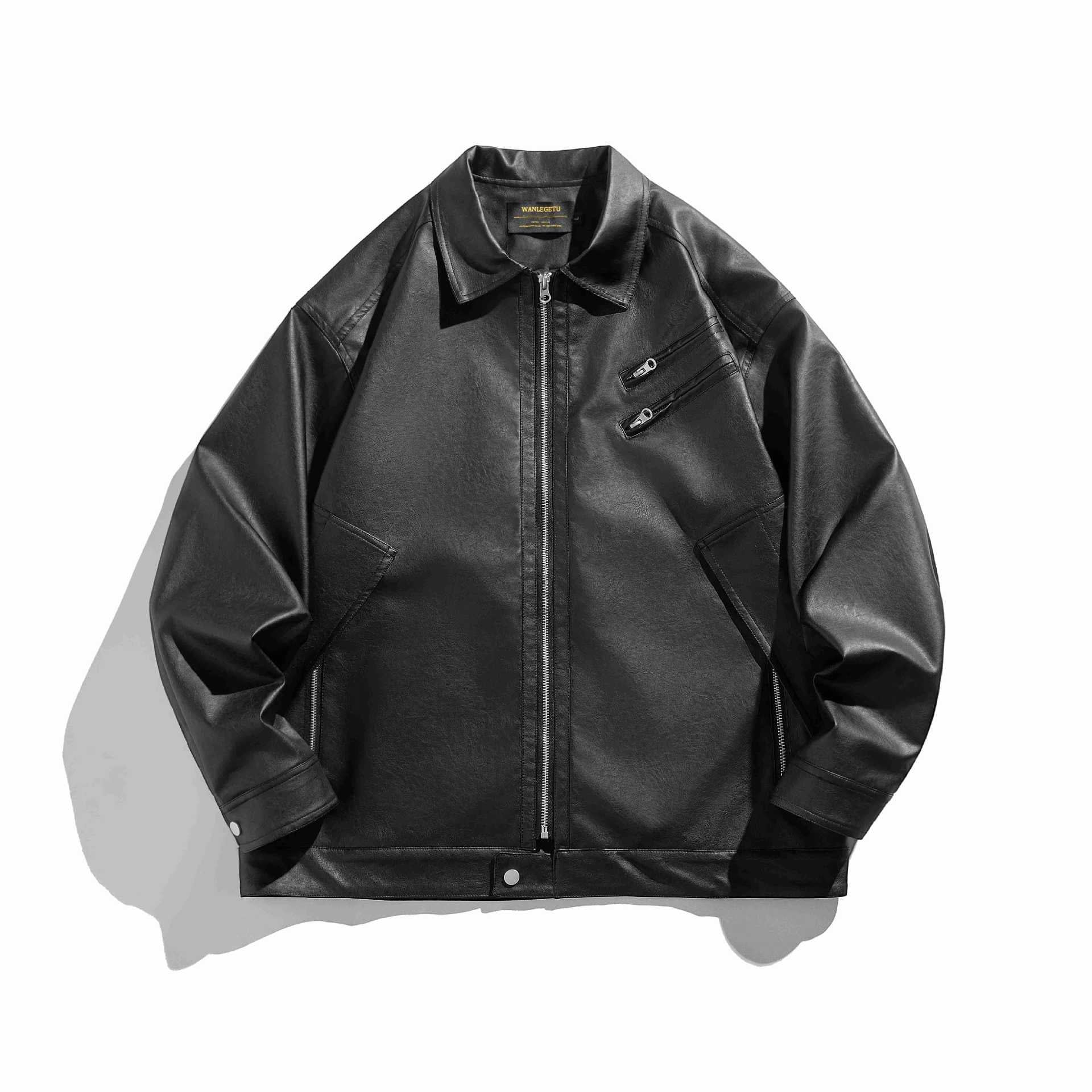 Men's short-cut boxy faux leather jacket with high collar and zipper chest pockets Chichicherry