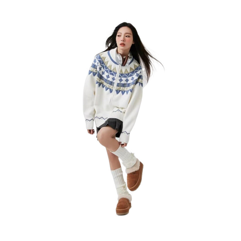 Damen Lässige Strick-Zipjacke mit Jacquard-Yoke und Rippbündchen Chichicherry
